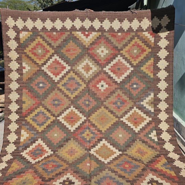 Handwoven Wool Jute Kilim Rug: Bohemian Flatweave Area Rug Navajo Style Large Handmade Carpet