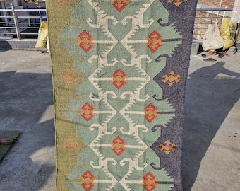 Handwoven Kilim Runner Rug: Vintage Wool Jute Tribal Design