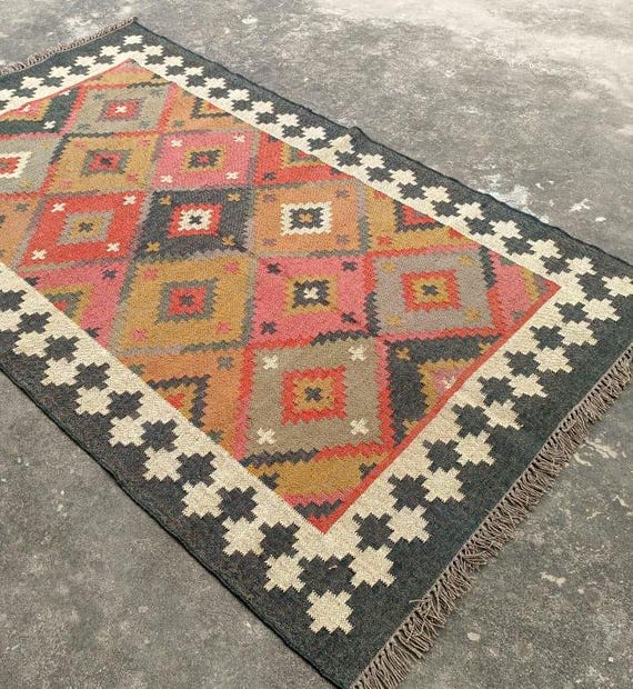 Handmade Lage Kilim Rug Indian Kilim  Dhurrie Rug Vintage Home Decor Rug Eco Friendly Large Rug Wool Jute Rug  Traditional Navajo Rug