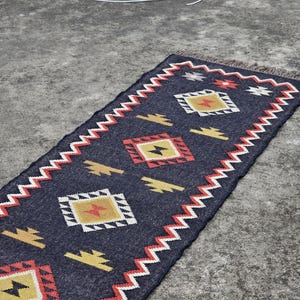 Kilim Runner Rug – Wool Jute Handmade Rug, Hallway Runner, Stair Rug, Kitchen Runner, Bohemian Eco-Friendly Home Decor Navajo Style Rug