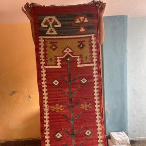 Handwoven Wool Jute Kilim Runner Rug: Vintage Stair Runner