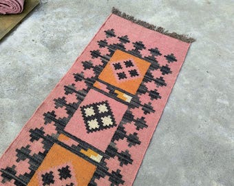 Handwoven Kilim Runner Rug: Wool Jute Blend, Bohemian Style