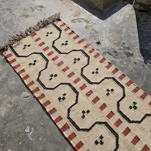 Handwoven Kilim Runner Rug: Wool Jute Geometric Stair Runner Kitchen, Bedside, Hallway, Entry, Custom