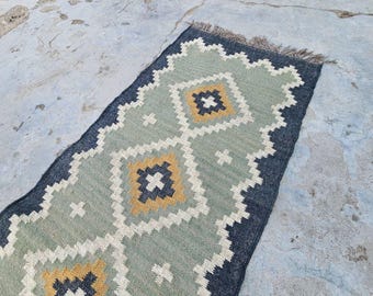 Handwoven Kilim Runner Rug: Wool Jute Blend , Traditional Hallway Stair Rug Navajo Large Flatweave