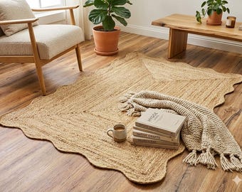 Natural jute Rug Scalloped Jute Rug, Jute Scalloped Rug, Scalloped Rug Area Rug Boho Decor, Scalloped Runner Rug Jute Scallop Rug Custom Rug