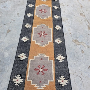 Handmade Wool Jute Kilim Runner Rug: Bohemian Hallway Carpet