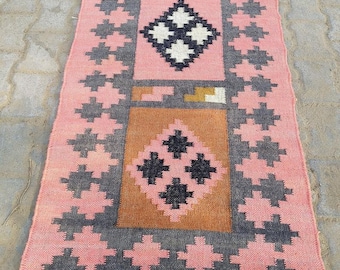Handwoven Kilim Runner Rug: Vintage Wool Jute Stair Rug