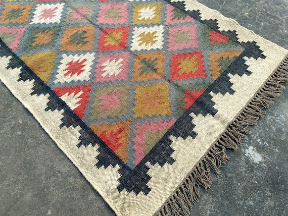 Handwoven Wool Jute Kilim Rug: Handmade Rug,, Indian Dhurrie,, Navajo Style Traditional