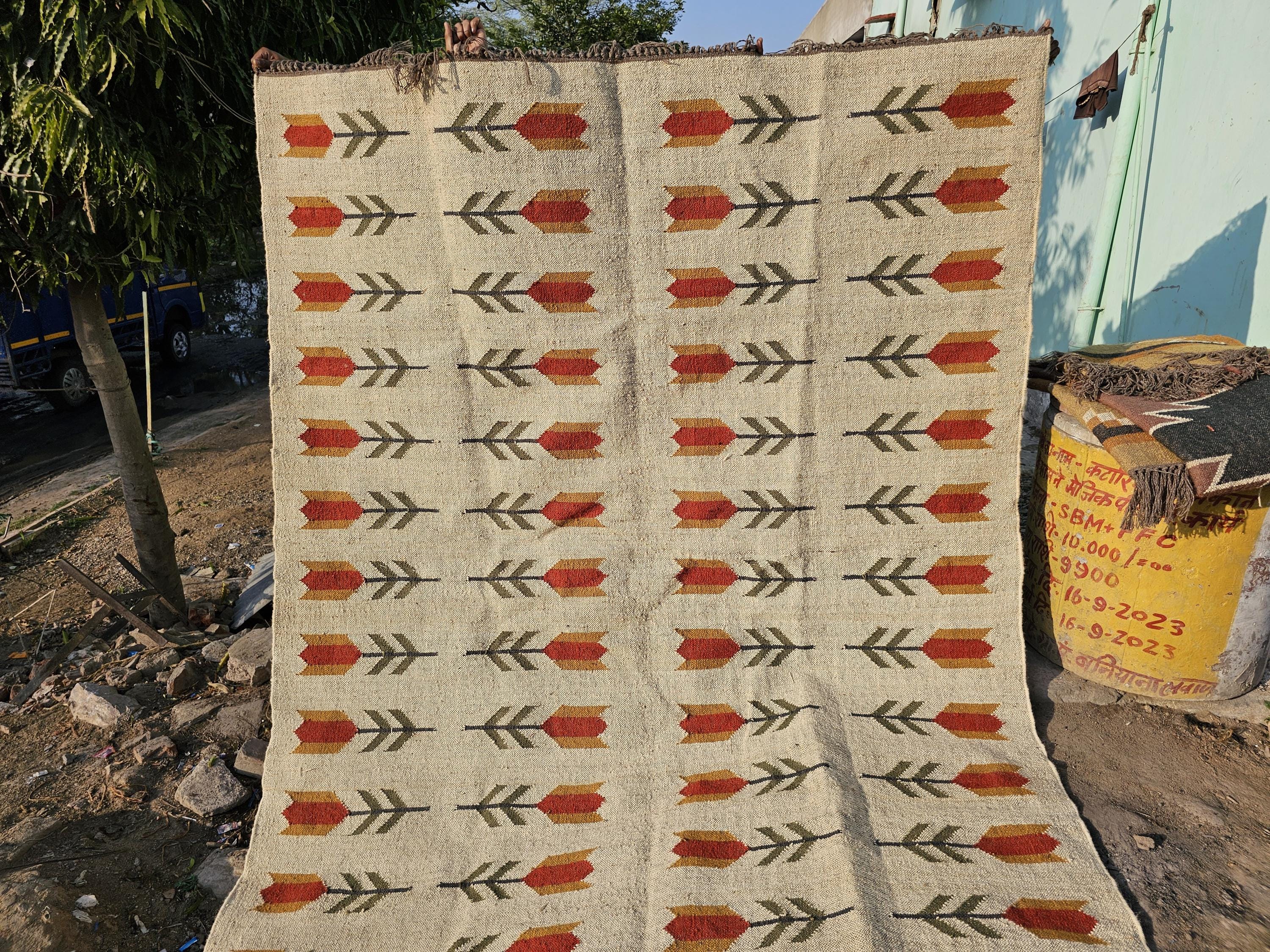 Handwoven Wool Jute Kilim Rug: Bohemian Flatweave Area Rug Navajo Style Large Handmade Carpet,