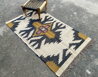 Alfombra Kilim de lana hecha a mano, estilo bohemio, para sala de estar, kilim oriental turco, dhurrie tradicional indio.
