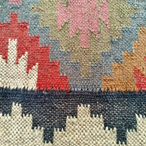 Puede incluir: Primer plano de una alfombra tejida con un patr&oacute;n geom&eacute;trico en tonos rojos, azules, marrones y blancos. La alfombra tiene una superficie texturizada y un borde de flecos.