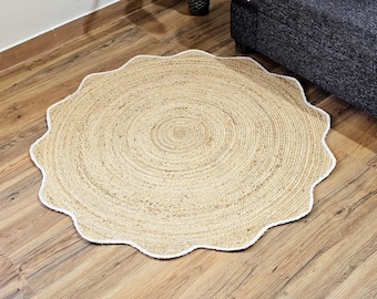 Tapis rond naturel festonné en jute, tapis en jute tressé, tapis bohème, tapis sur mesure, tapis décoratif bohème, tapis rond, tapis respectueux de l'environnement, grand tapis