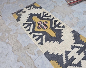 Wool Jute Kilim Runner, Handwoven Geometric Indian Kitchen, Bedside, Hallway, Entryway, Custom