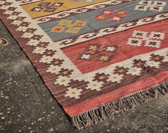 Alfombra Kilim de lana y yute: Decoración boho del suroeste, estilo navajo, alfombra grande hecha a mano.