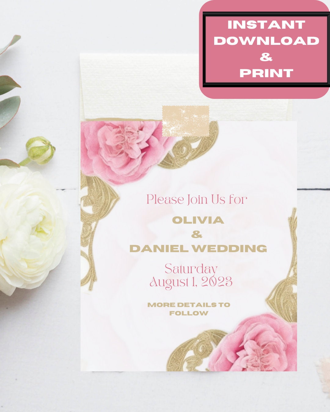 Pink Gold Wedding Invitation Card/ Wedding Announcement Card/digital