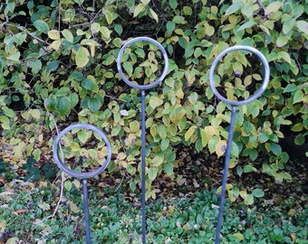 Handmade Rustic Metal Ring Plant Support Stakes - Set of 3