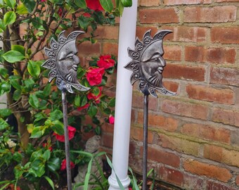 Rustic Moon Face Plant Support Stakes - Metal Garden Art - Set of 3