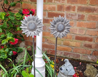 Rustic Metal Sunflower Plant Support Stakes: Handmade Garden Art - Set of 3