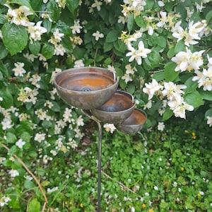 Puede incluir: Una fuente de jard&iacute;n de metal con tres niveles de cuencos. Los cuencos son de color marr&oacute;n oxidado y el agua fluye del cuenco superior al inferior. La fuente est&aacute; rodeada de hierba verde y flores blancas.