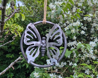 Hanging Metal Butterfly Ring | Garden Wall Art | Tree Decoration | Rustic Outdoor Hanging Ornament