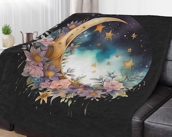 Floral Moon Blanket, Dark Academia throw blanket, Dark moon blanket, Celestial floral blanket, Celestial moon throw, Metaphysical inspired