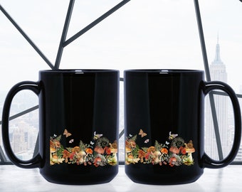 Taza de café de cabaña negra, taza de setas, taza botánica de cabaña oscura, floral vintage, taza de setas vintage, taza de café de setas vintage