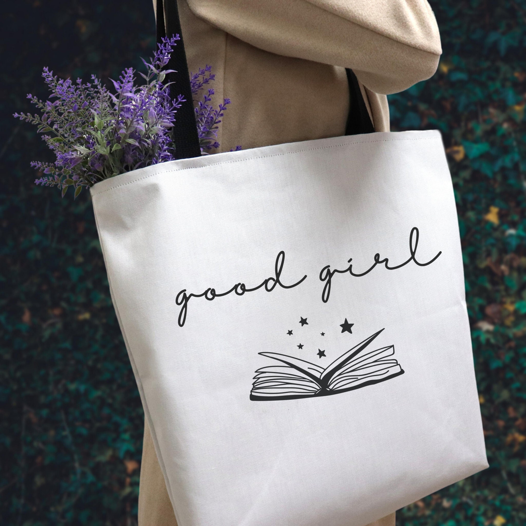 Good Girl Praise Tote Bag, Sturdy Cotton Book Bag, Black and White
