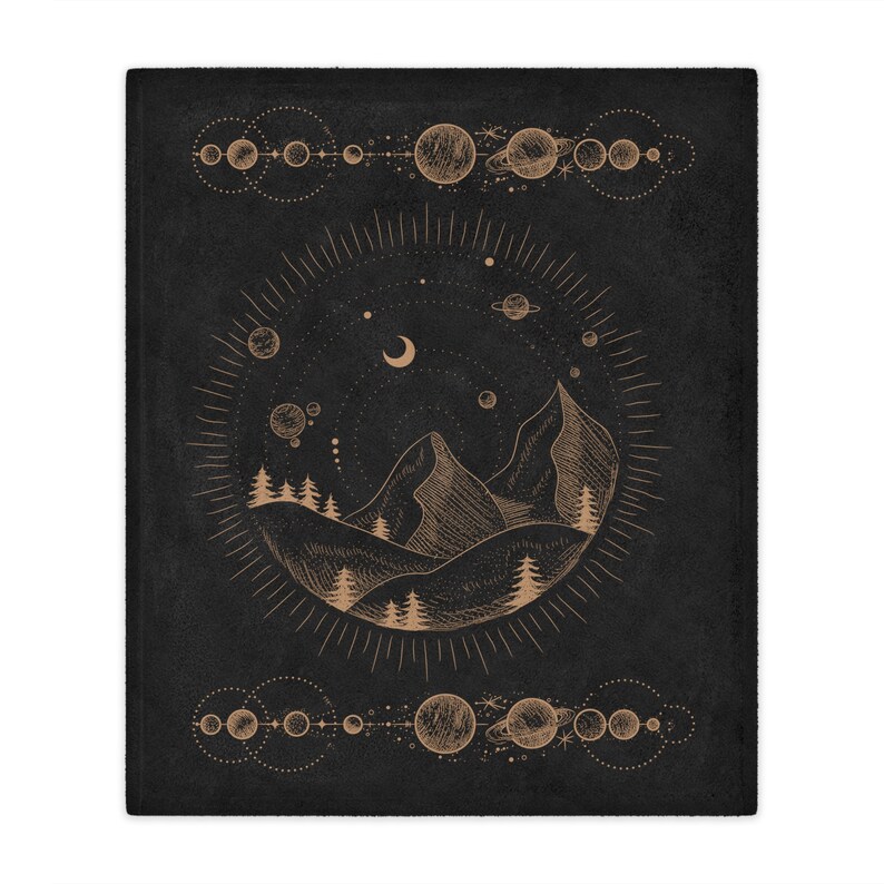 Soft celestial blanket, Mountains and planets plush throw blanket, Minimalist witchy gift, Warm minky ethereal theme lap blanket, Mythical image 2