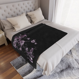 Gothic raven blanket, grunge bird blanket, gothic throw blanket, black and purple raven dark academia throw,