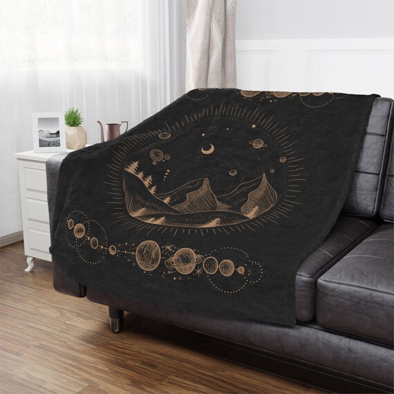 Soft celestial blanket, Mountains and planets plush throw blanket, Minimalist witchy gift, Warm minky ethereal theme lap blanket, Mythical