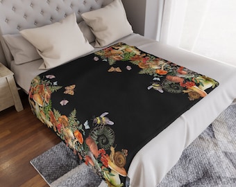 Soft cottagecore blanket, Mushrooms ferns wildlife throw blanket, witchy nature themed blanket, wildflower boho blanket, Dark Acadamia decor
