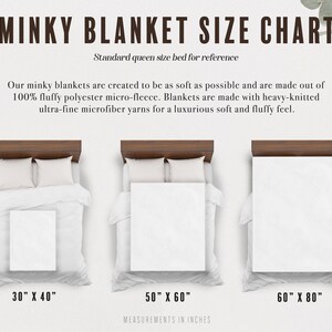 May include: A size chart for minky blankets, showing three different sizes: 30" x 40", 50" x 60", and 60" x 80". The chart includes a standard queen size bed for reference.