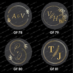 May include: Four circular stickers with gold foil designs on a dark background. Each sticker features initials and floral or leaf accents within a double-lined circle. The stickers are labelled GF 78, GF 79, GF 80, and GF 81.