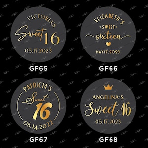 May include: Four black and gold round stickers with the text "Sweet 16" and a name, such as "Victoria's" or "Angelina's". Each sticker also includes a date, such as "05.17.2023".