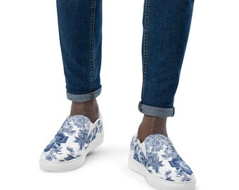 Mens Blue Floral Toile de Jouy Slip On Canvas Shoes, Chinoiserie Cottagecore Sneakers