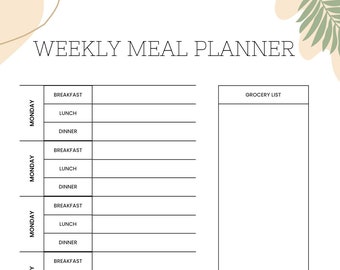 Weekly Meal Planner and Grocery List Printable Instant - Etsy