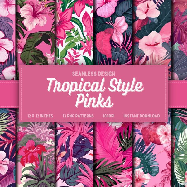 DIGITAL PAPER Tropical Style Pinks | Seamless Tropical Designs | Thirteen Colorful Patterns | Tropical Tile Patterns | Instant Download