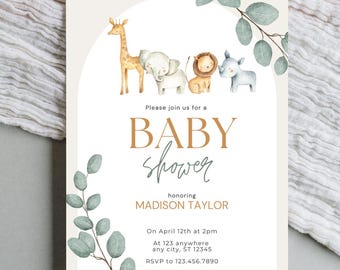 Puede incluir: Invitación a un baby shower con ilustraciones en acuarela de una jirafa, un elefante, un león y un rinoceronte. La invitación incluye el texto "Please join us for a Baby Shower" y los detalles del evento.