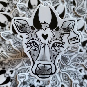 Horned Demon Cow Waterproof Vinyl Sticker/ Decal | Cute and Spooky Cow Sticker for laptop, water bottle, car, phone case, and more!