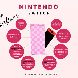 Puede incluir: Funda para Nintendo Switch a cuadros rosa y blanco con una funda acolchada, asegurada con un cierre KAM. La funda est&aacute; disponible para los modelos Switch, Switch Lite y OLED. La funda mide 23,9 cm de largo por 2,8 cm de ancho por 10,2 cm de alto.