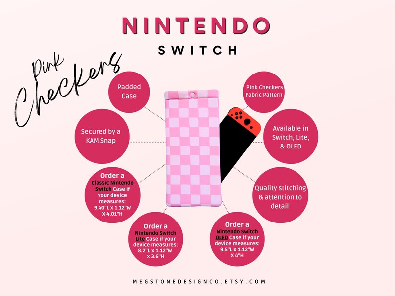 Puede incluir: Funda para Nintendo Switch a cuadros rosa y blanco con una funda acolchada, asegurada con un cierre KAM. La funda est&aacute; disponible para los modelos Switch, Switch Lite y OLED. La funda mide 23,9 cm de largo por 2,8 cm de ancho por 10,2 cm de alto.