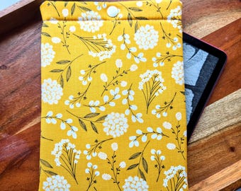 Mustard Floral Kindle Sleeve: Padded E-reader Case with Snap