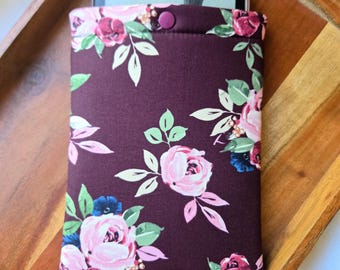 Maroon Floral Padded Kindle Sleeve, Pink Rose E-reader Case