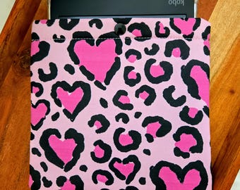 Pink Leopard Hearts Kobo Sleeve, Padded Valentine's Day E-reader Pouch, Multiple Fabric/Device Options