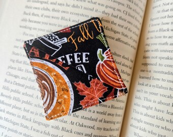 Black/Fall Coffee Fabric Corner Bookmark, Handmade Page Marker, Book Lover Gift, Size Options