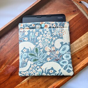 以下が含まれることがあります： 青と白のパターンの電子書籍リーダーケース。ケースは、白いキツネとキノコが描かれた花柄のデザインです。ケースの中にKoboの電子書籍リーダーが入っています。