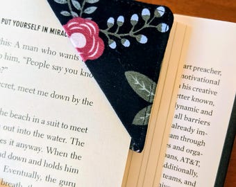 Black Floral Fabric Corner Bookmark, Handmade Page Marker, Book Lover Gift, Choose a Size