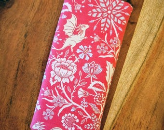 Pink Dragon Floral Eyeglass Case, Padded Girly Gothic Sunglass Pouch
