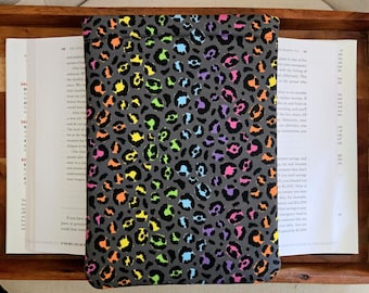 Dark Rainbow Leopard Spots Book Sleeve: Padded Book Cover, Snap/Pocket Option