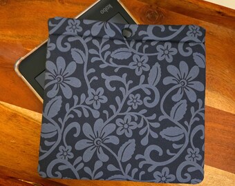 Black Fancy Floral Kobo Sleeve, Whimsical Padded E-reader Pouch